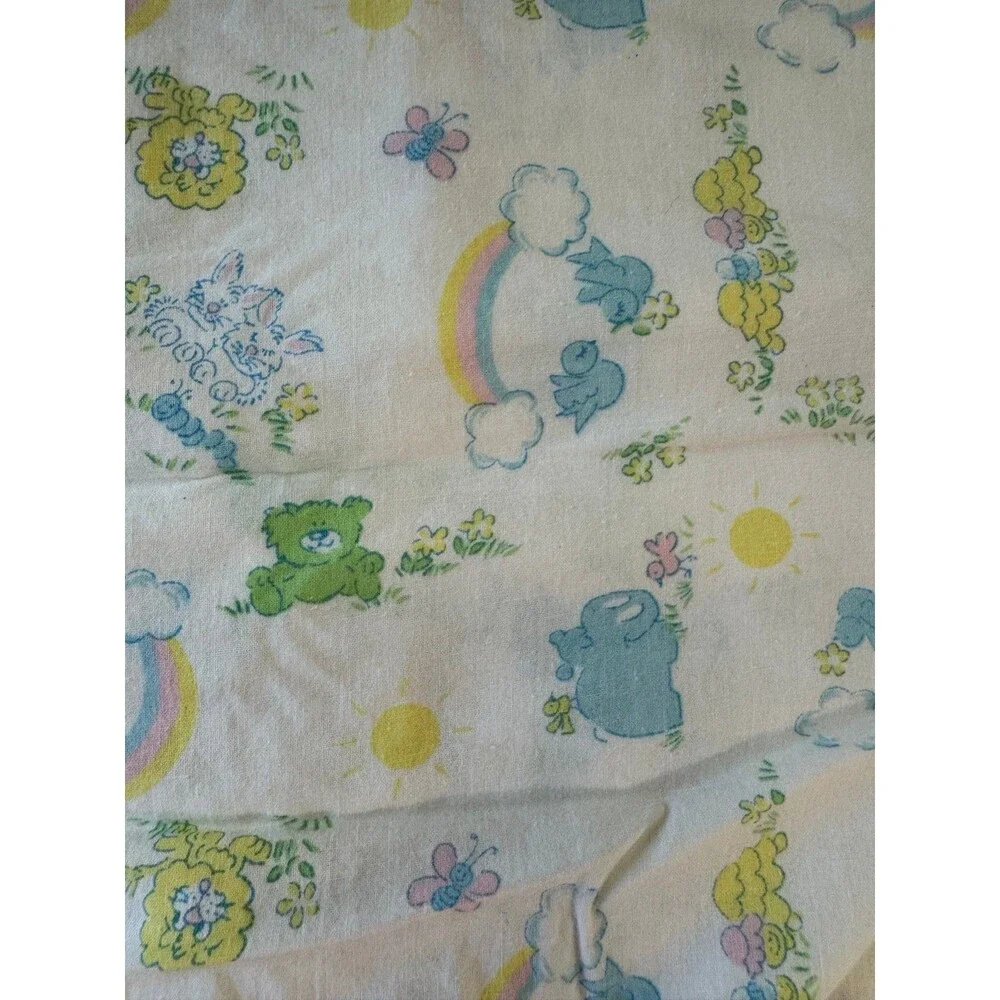 VTG 80s Care Bears Crib Fitted Sheet Pastel Rainbow Bunny Birds Clouds Sunshin